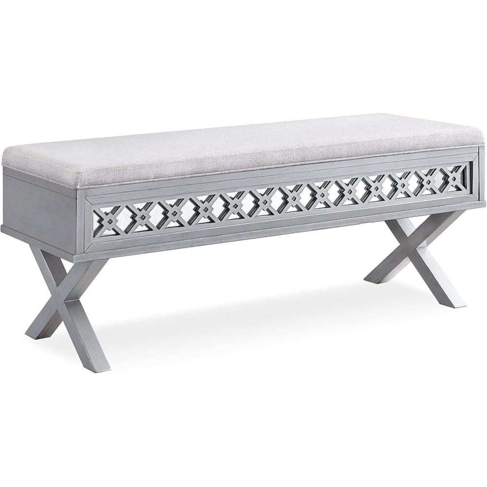 imageLeick Home 10142SV Mirrored Diamond Filigree X Base Lift Top Bench with Storage for Bedroom or Foyer Silver Leaf