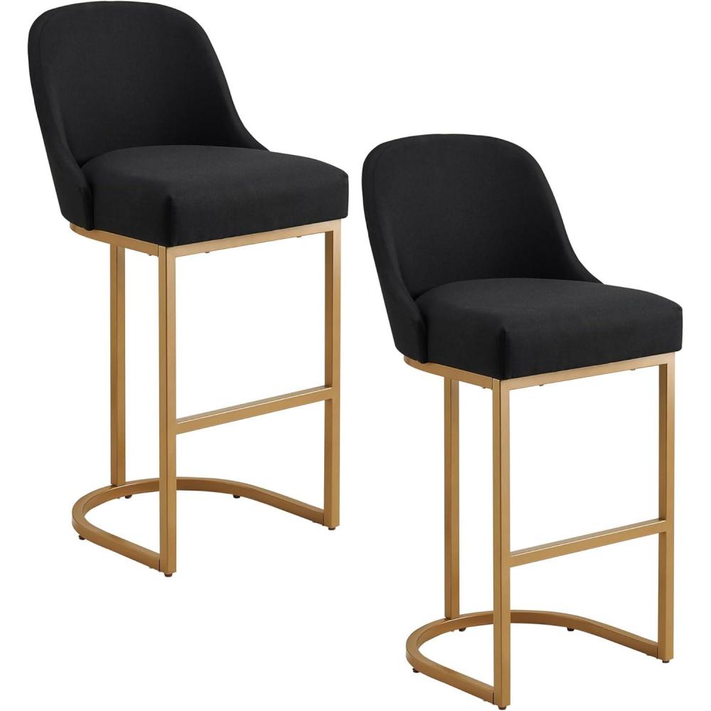 imageLeick Home 214510 Barrelback Bar Stool with Metal Base Set of 2 for Elevated Kitchen Counters High Top Tables and Bars Modern Black Linen Seat and Gold Metal Base