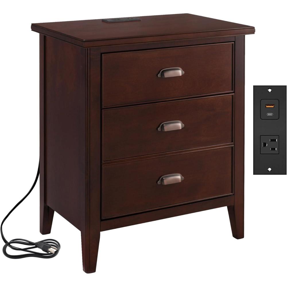 imageLeick Home 24022 Beckett Nightstand Side Table One Drawer Rustic USBC Fast Charging Station AC and USB Charging Port Integrated Durable Solid Wood Living Room Bedroom Office AnthracitePewterChocolate Cherry