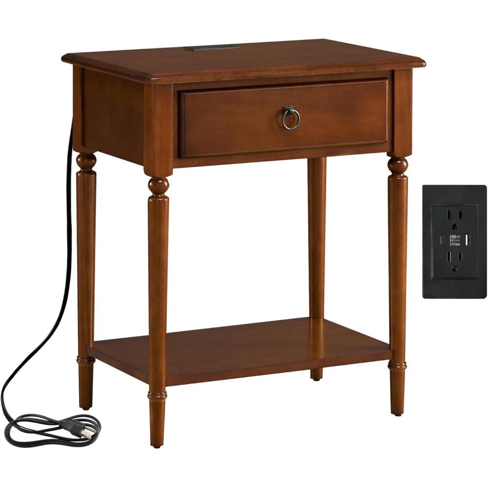 imageLeick Home 24022 Beckett Nightstand Side Table One Drawer Rustic USBC Fast Charging Station AC and USB Charging Port Integrated Durable Solid Wood Living Room Bedroom Office AnthracitePewterPecan
