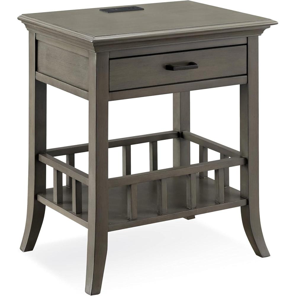 imageLeick Home 9070GR One Drawer Nightstand Side Table Lower Basket Shelf Traditional USBC Fast Charging AC USB Charging Port Integrated Durable Solid Wood Living Room Bedroom Office Smoke Gray Wash