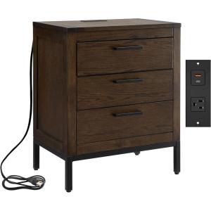 Leick Home 24022 Beckett Nightstand Side Table One Drawer Rustic USB-C Fast Charging Station, A/C and USB Charging Port Integrated Durable Solid Wood Living Room, Bedroom, Office, Anthracite/Pewter(Distressed Riverstone)