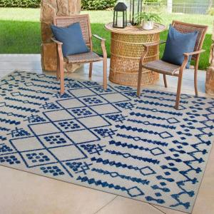 Leick Home 594994 Cusp Gray with Blue Moroccan Pattern Indoor Outdoor Area Rug Rectangle 7’10″x10′