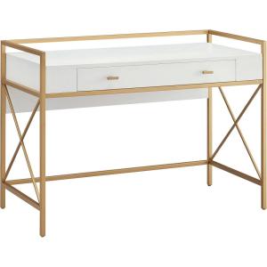 Leick Home 9240-WTGL Claudette Mixed Metal and Wood Flat Wall Computer Office Writing Desk with Drop Front Keyboard Drawer, White/Satin Gold