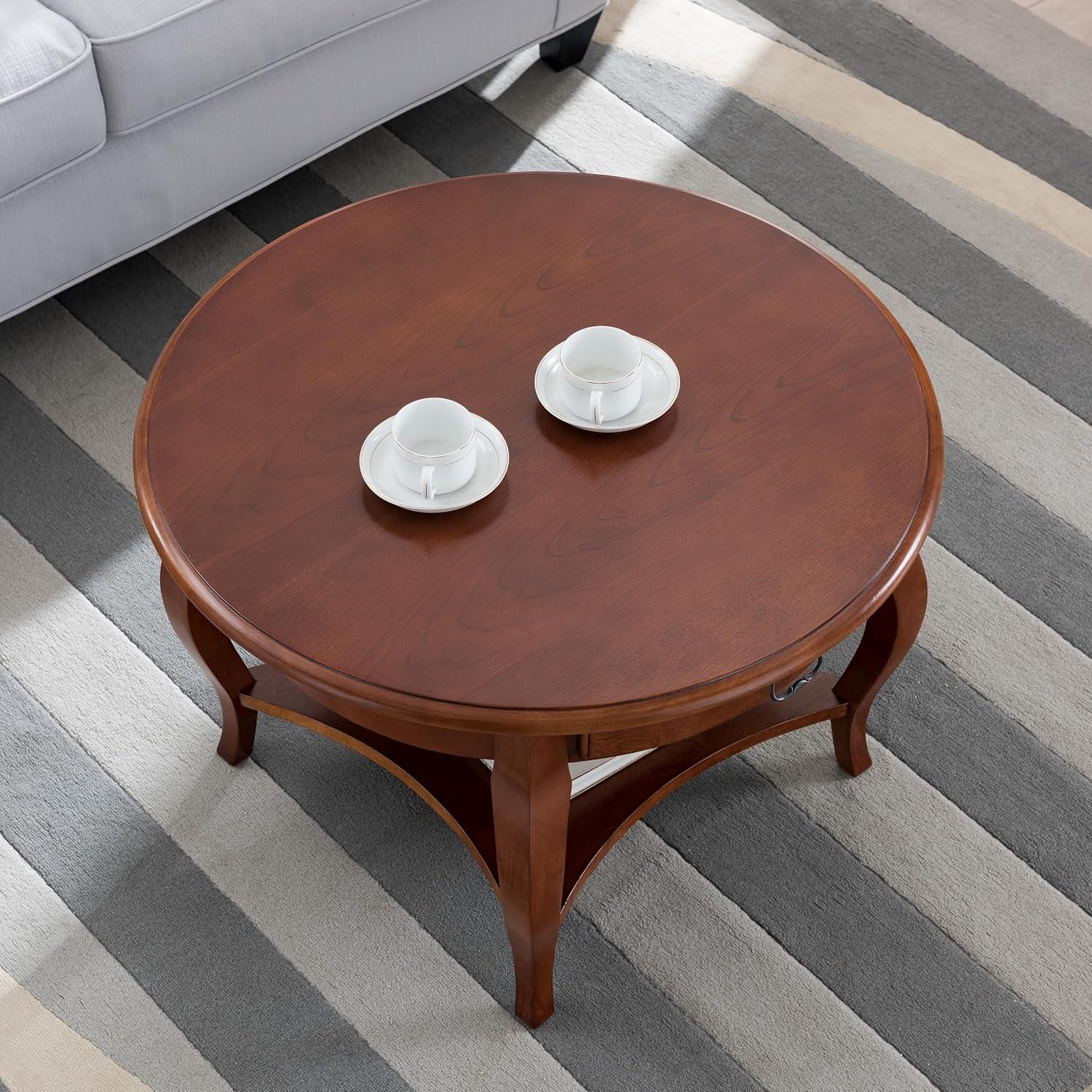 imageLeick Home 10034BR One Drawer Round Coffee Table with Shelf Brown Cherry