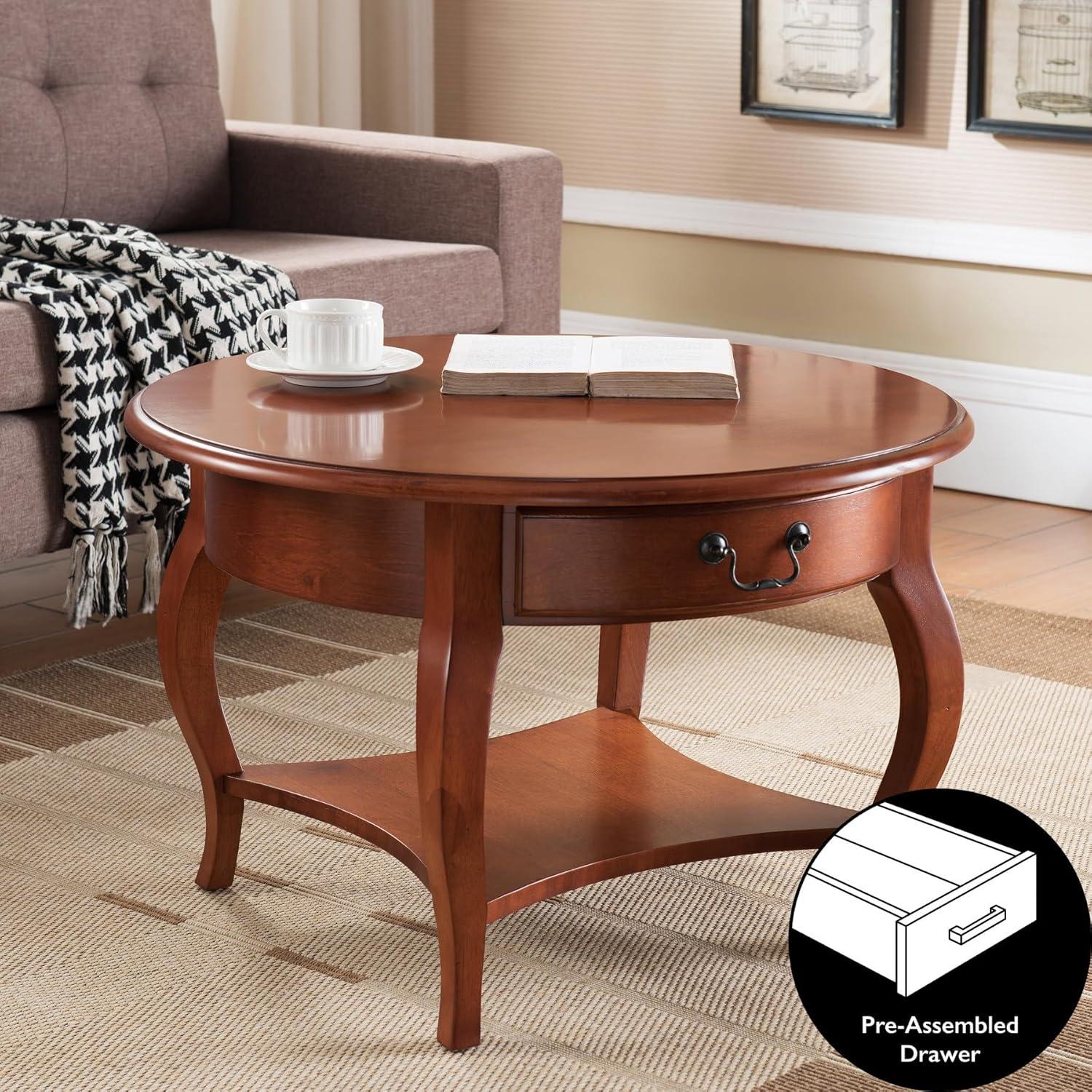 imageLeick Home 10034BR One Drawer Round Coffee Table with Shelf Brown Cherry