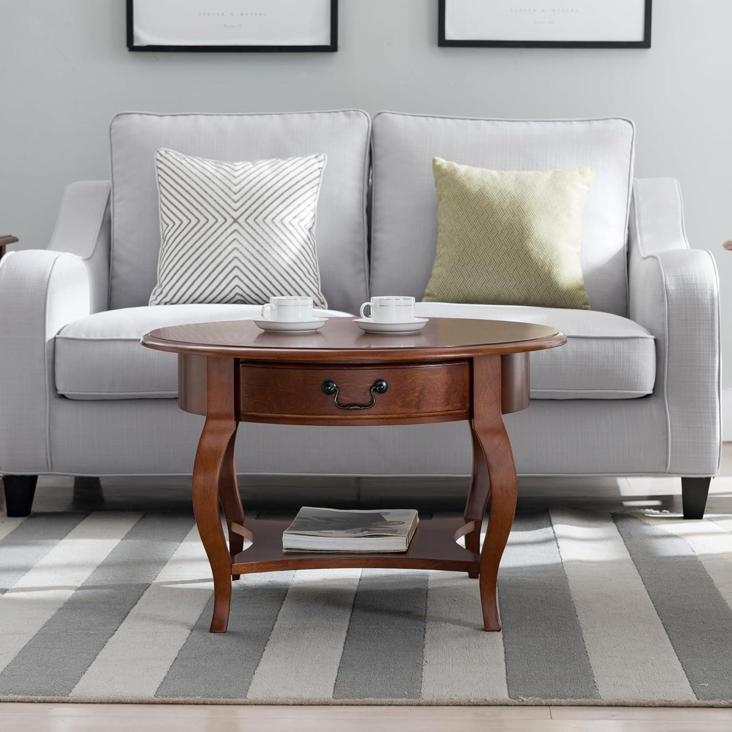 imageLeick Home 10034BR One Drawer Round Coffee Table with Shelf Brown Cherry