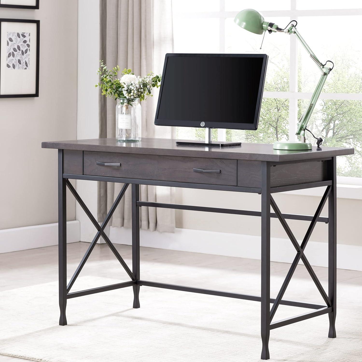 imageLeick Home 23400 Chisel amp Forge Writing Computer Desk with Drop Front Keyboard Drawer Smoke Gray and Matte BlackModern