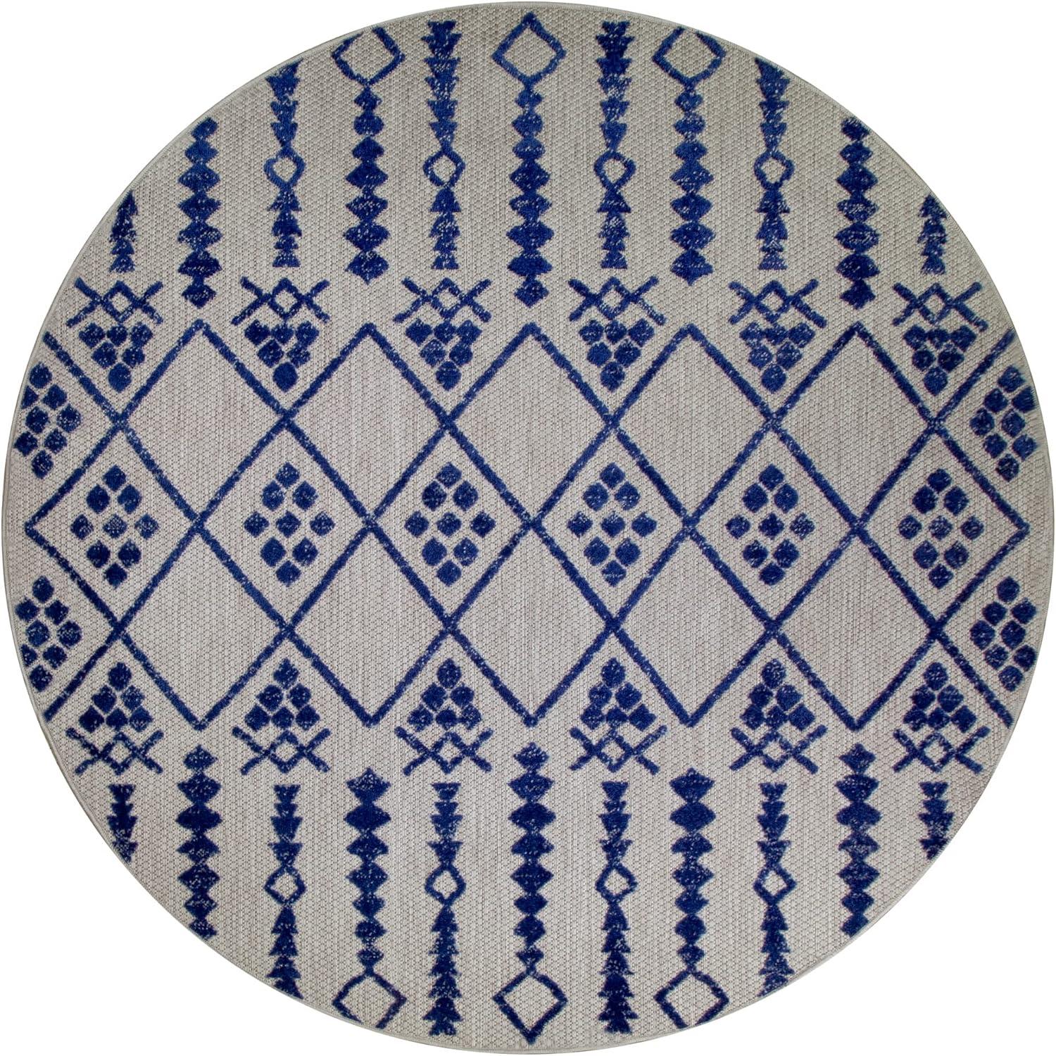 imageLeick Home 594978 Cusp Gray with Blue Moroccan Pattern Indoor Outdoor Area Rug Round 53