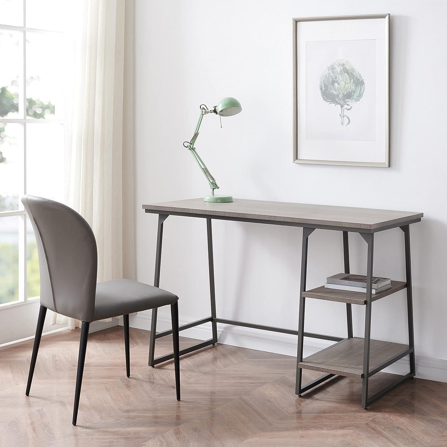 imageLeick Home 70003WTGD Reversible Stepped Tier Shelf Desk White HerringboneSatin GoldRoughsawn OakGunmetal Gray