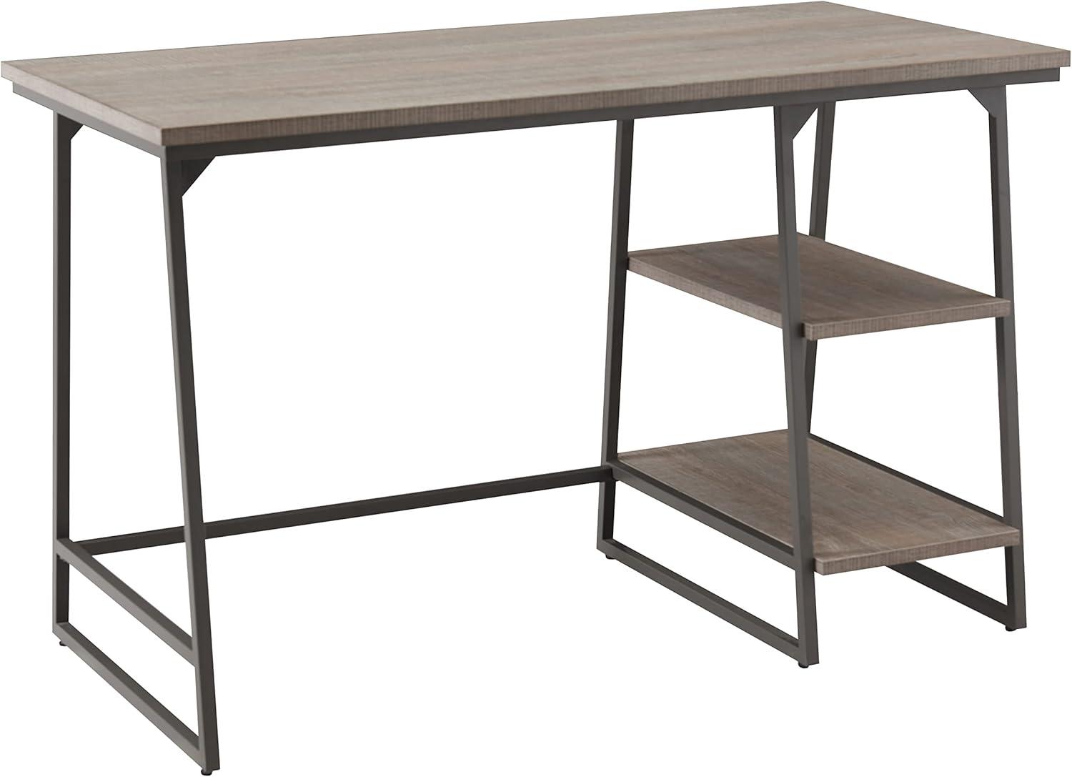 imageLeick Home 70003WTGD Reversible Stepped Tier Shelf Desk White HerringboneSatin GoldRoughsawn OakGunmetal Gray