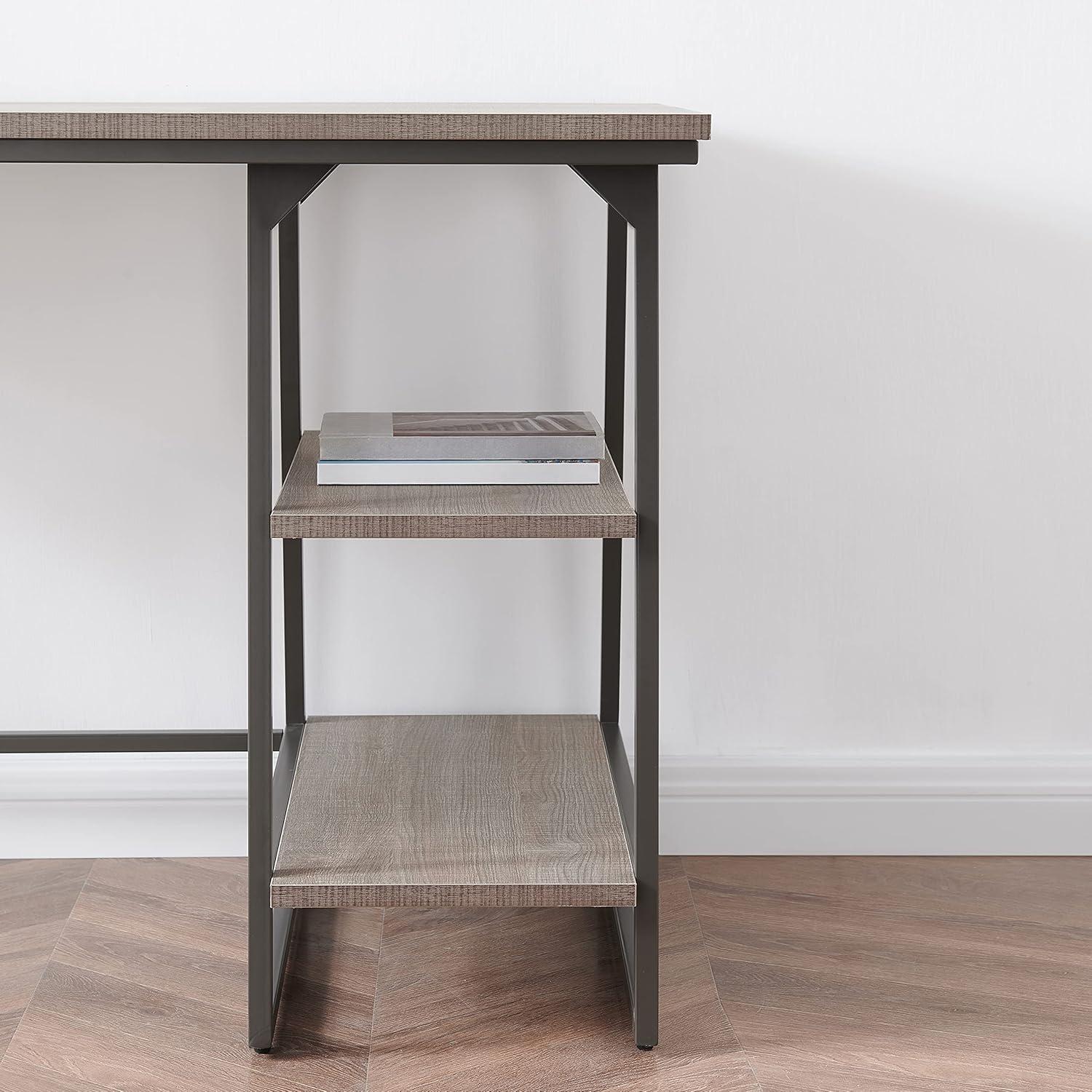 imageLeick Home 70003WTGD Reversible Stepped Tier Shelf Desk White HerringboneSatin GoldRoughsawn OakGunmetal Gray