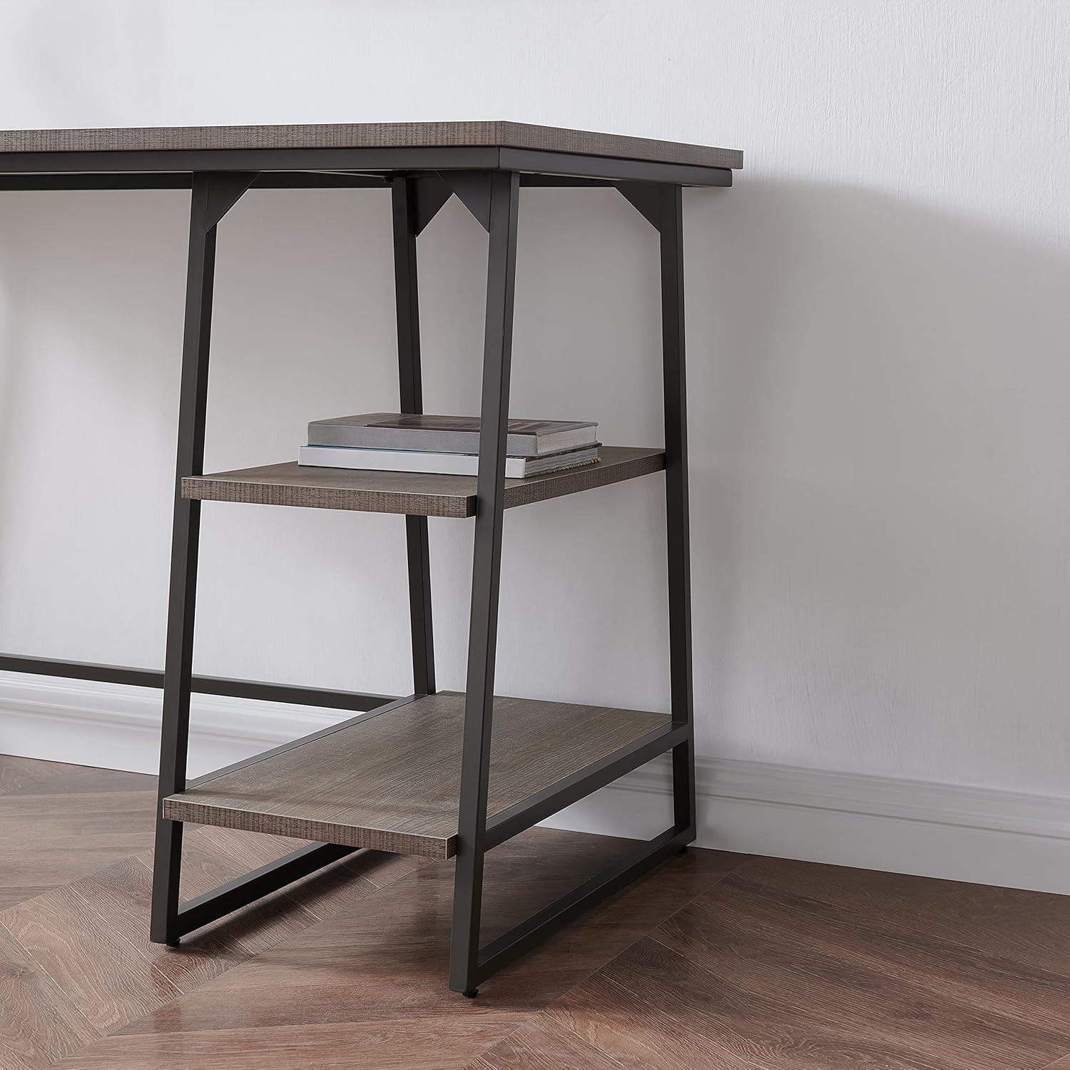 imageLeick Home 70003WTGD Reversible Stepped Tier Shelf Desk White HerringboneSatin GoldRoughsawn OakGunmetal Gray