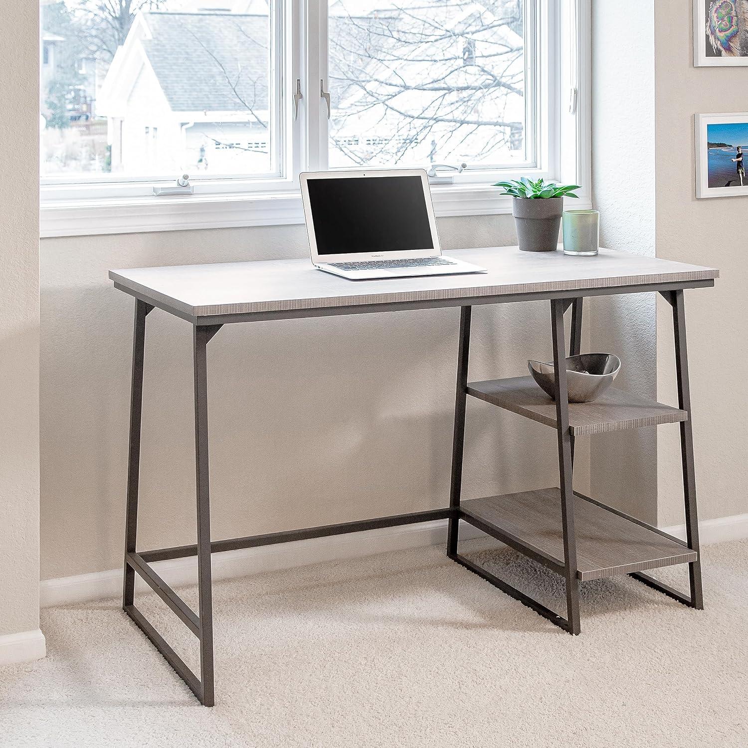 imageLeick Home 70003WTGD Reversible Stepped Tier Shelf Desk White HerringboneSatin GoldRoughsawn OakGunmetal Gray