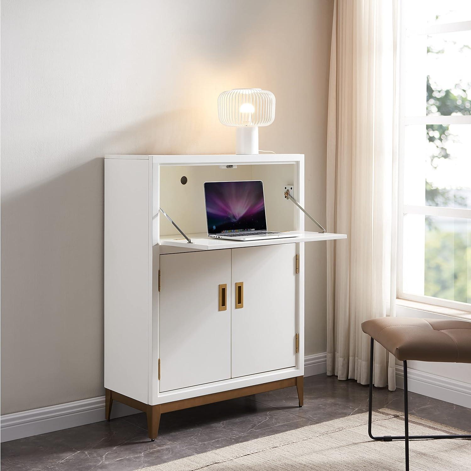 imageLeick Home 70005 Mixed Metal and Wood Drop Down Hideaway Top Desk WhiteGold