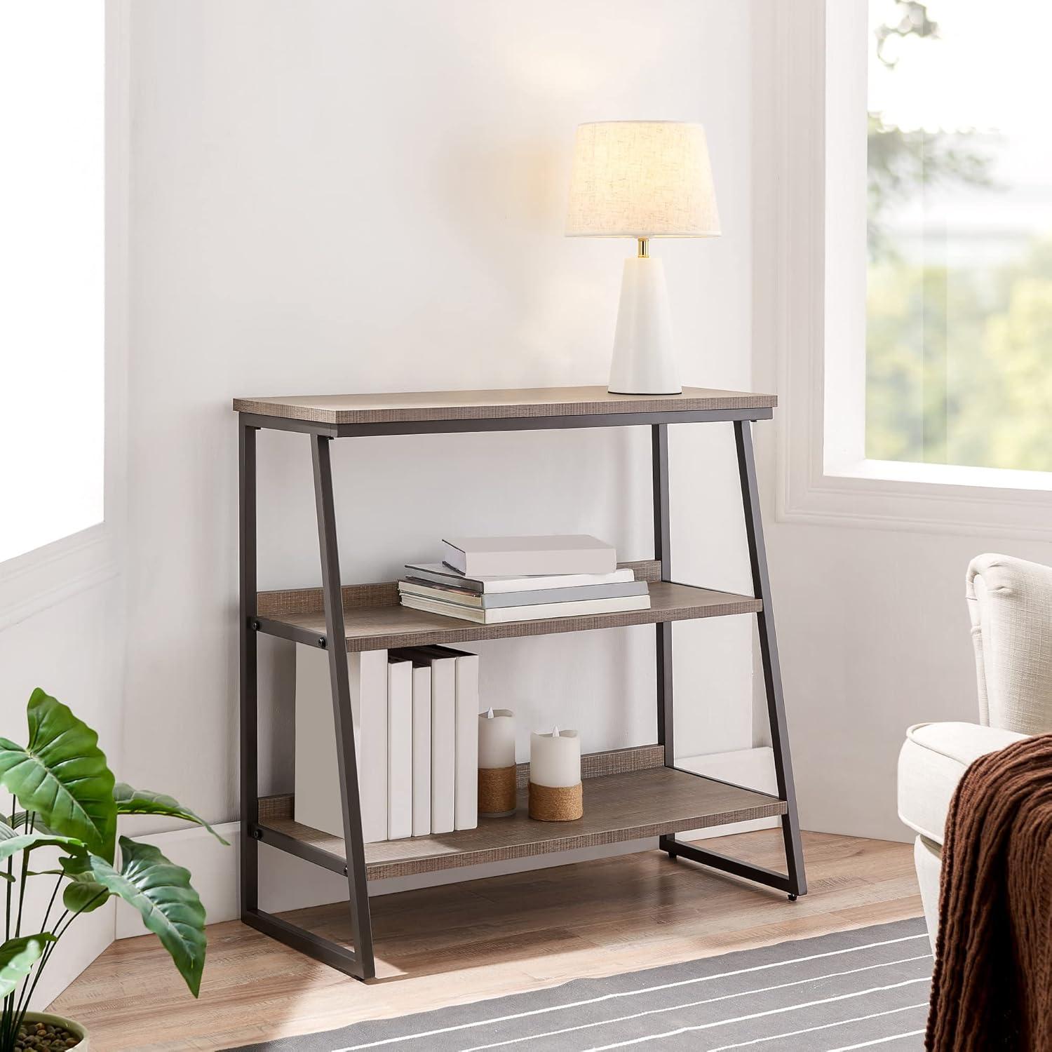 imageLeick Home 70007ROBLK Mixed Metal and Wood Stepped Tier Bookshelf Roughsawn OakGunmetal Gray