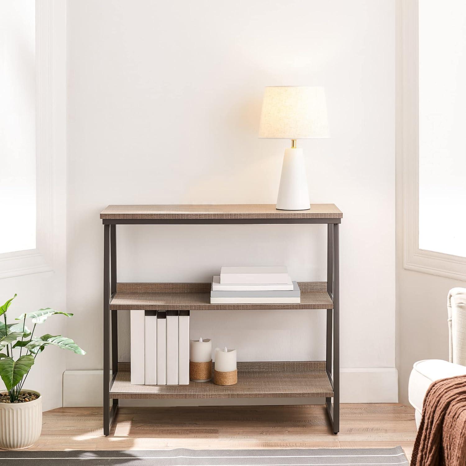 imageLeick Home 70007ROBLK Mixed Metal and Wood Stepped Tier Bookshelf Roughsawn OakGunmetal Gray