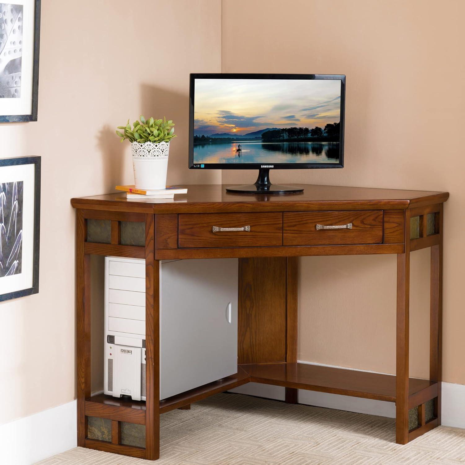 imageLeick Home 89430 Rustic Oak and Slate Corner Computer Writing Desk with Drop Front Keyboard Drawer Distressed Rustic Autumn