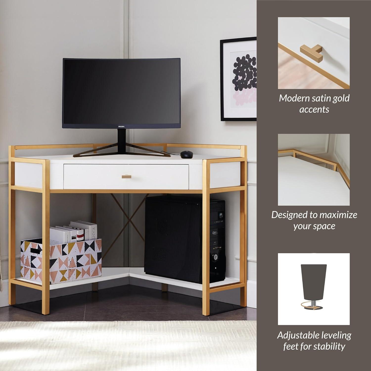 imageLeick Home 9230WTGL Claudette Mixed Metal and Wood Corner Computer Office Writing Desk with Drop Front Keyboard Drawer WhiteSatin Gold