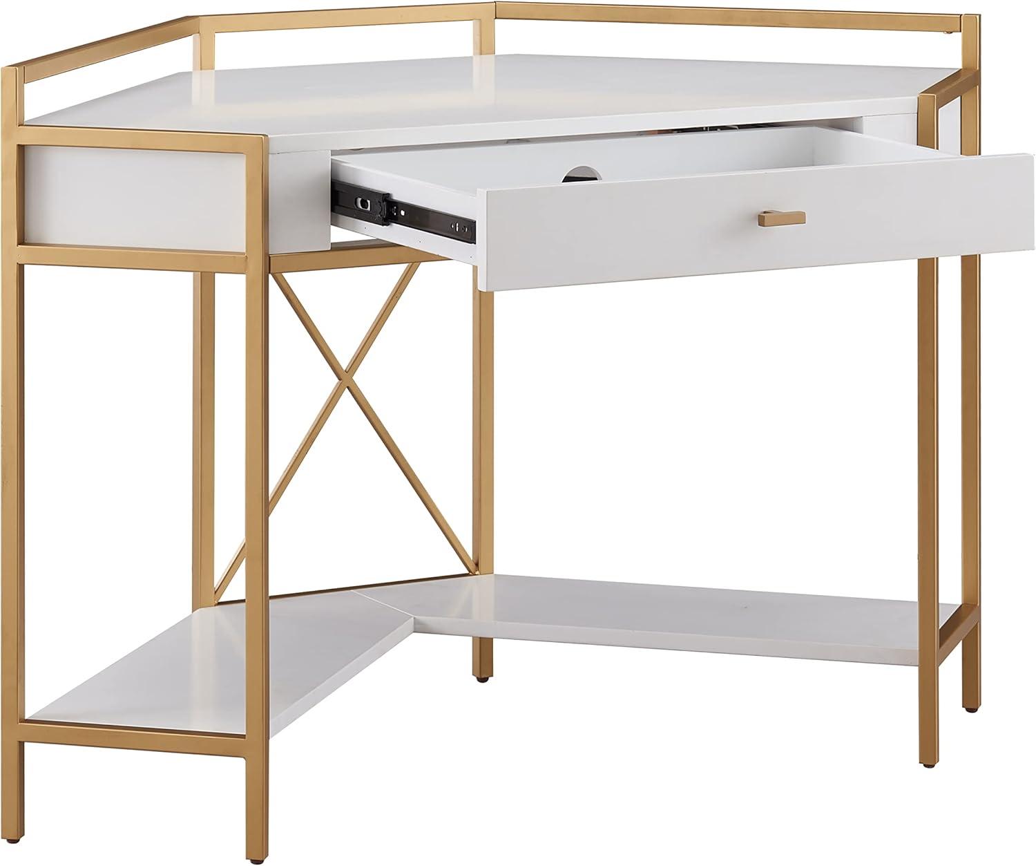 imageLeick Home 9230WTGL Claudette Mixed Metal and Wood Corner Computer Office Writing Desk with Drop Front Keyboard Drawer WhiteSatin Gold