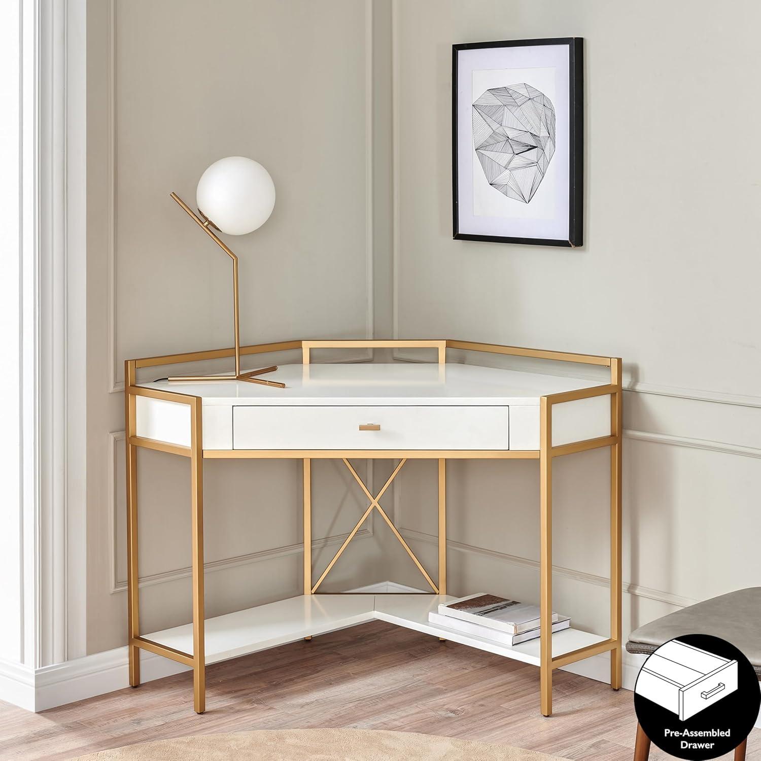 imageLeick Home 9230WTGL Claudette Mixed Metal and Wood Corner Computer Office Writing Desk with Drop Front Keyboard Drawer WhiteSatin Gold