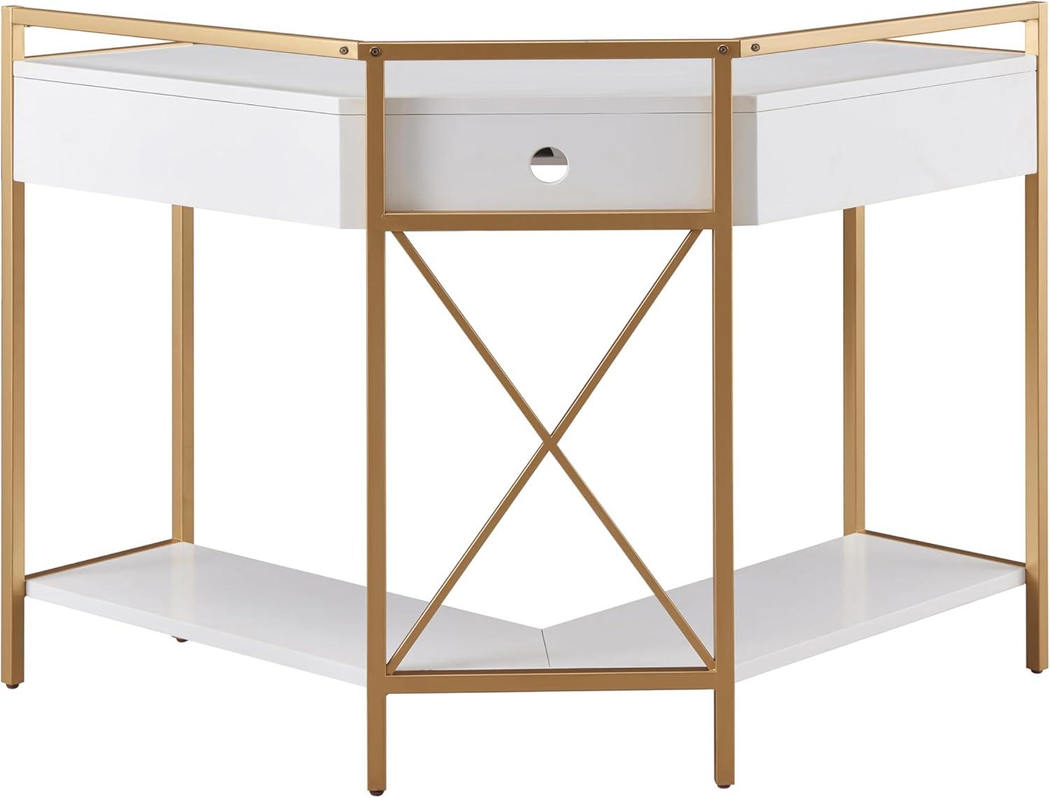 imageLeick Home 9230WTGL Claudette Mixed Metal and Wood Corner Computer Office Writing Desk with Drop Front Keyboard Drawer WhiteSatin Gold
