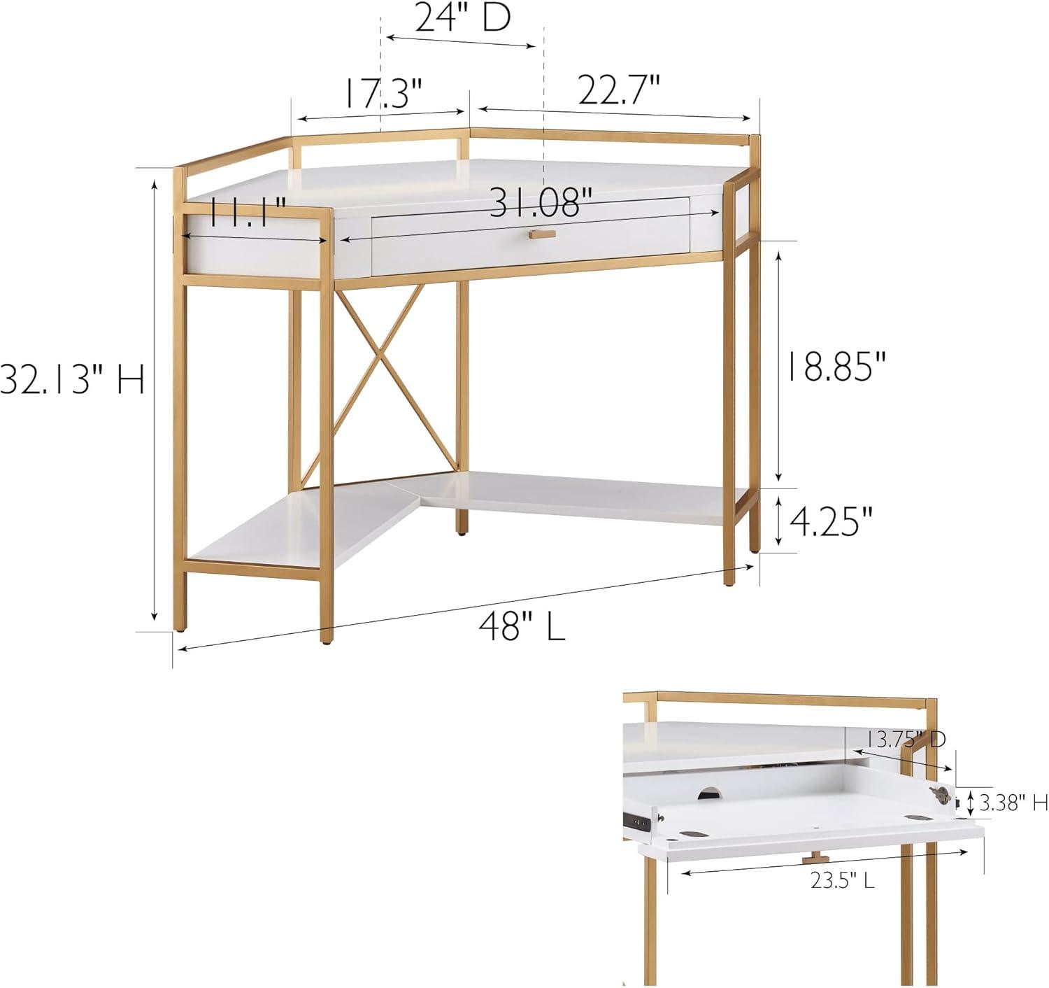 imageLeick Home 9230WTGL Claudette Mixed Metal and Wood Corner Computer Office Writing Desk with Drop Front Keyboard Drawer WhiteSatin Gold
