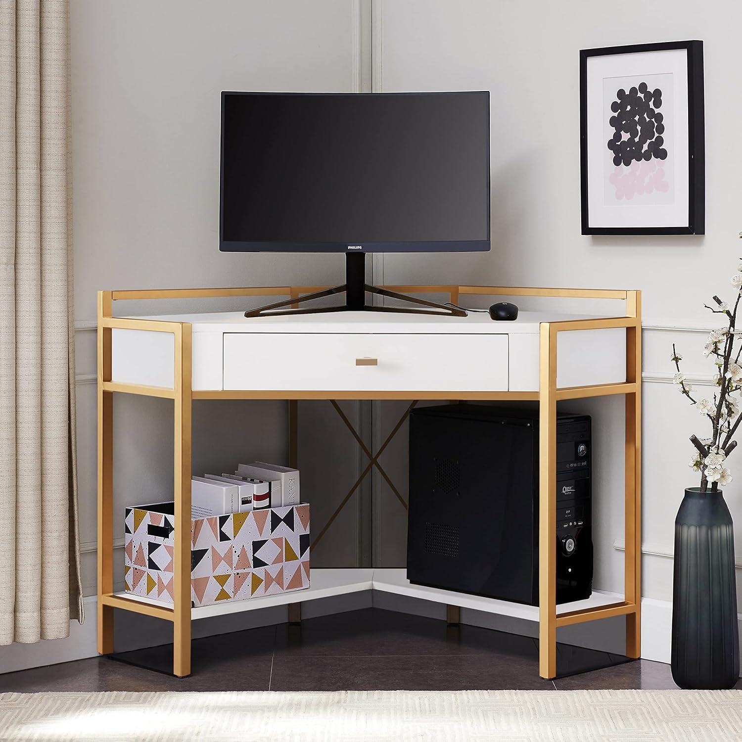 imageLeick Home 9230WTGL Claudette Mixed Metal and Wood Corner Computer Office Writing Desk with Drop Front Keyboard Drawer WhiteSatin Gold