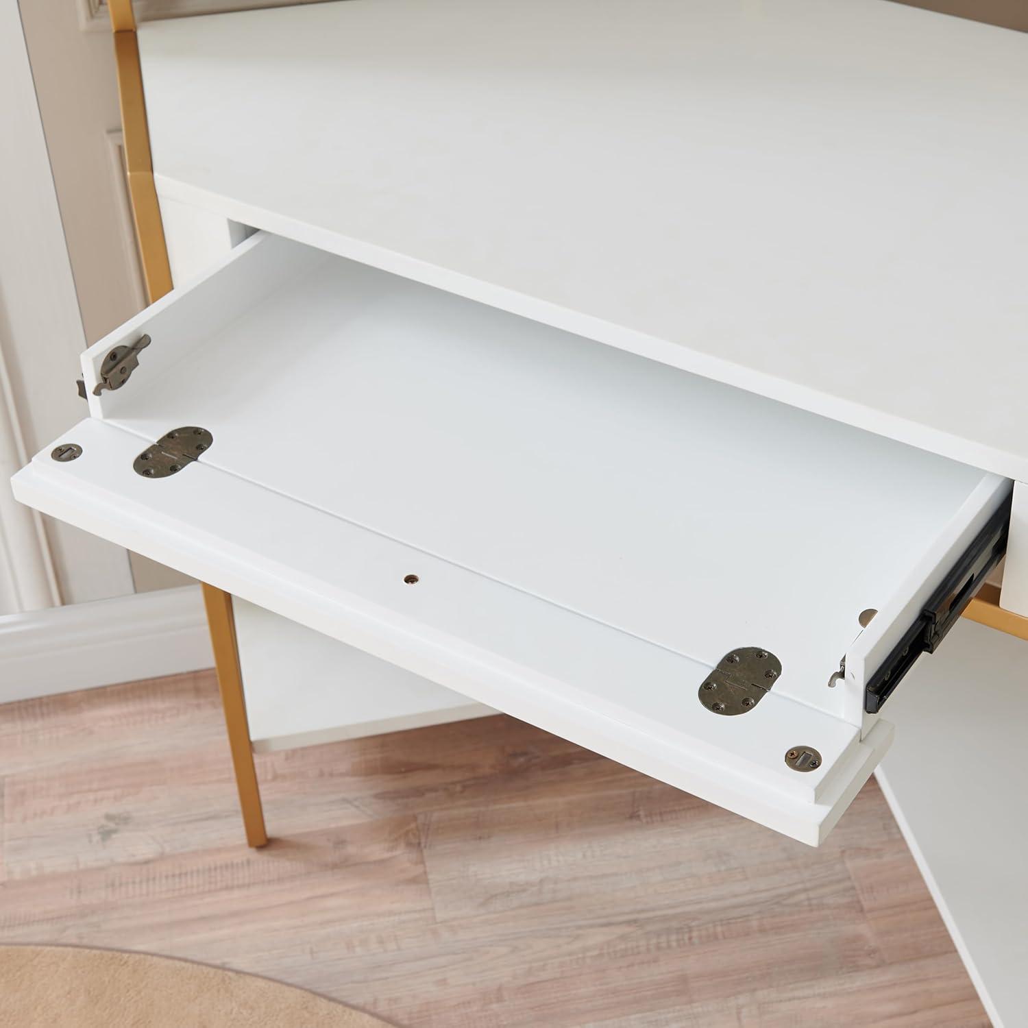 imageLeick Home 9230WTGL Claudette Mixed Metal and Wood Corner Computer Office Writing Desk with Drop Front Keyboard Drawer WhiteSatin Gold