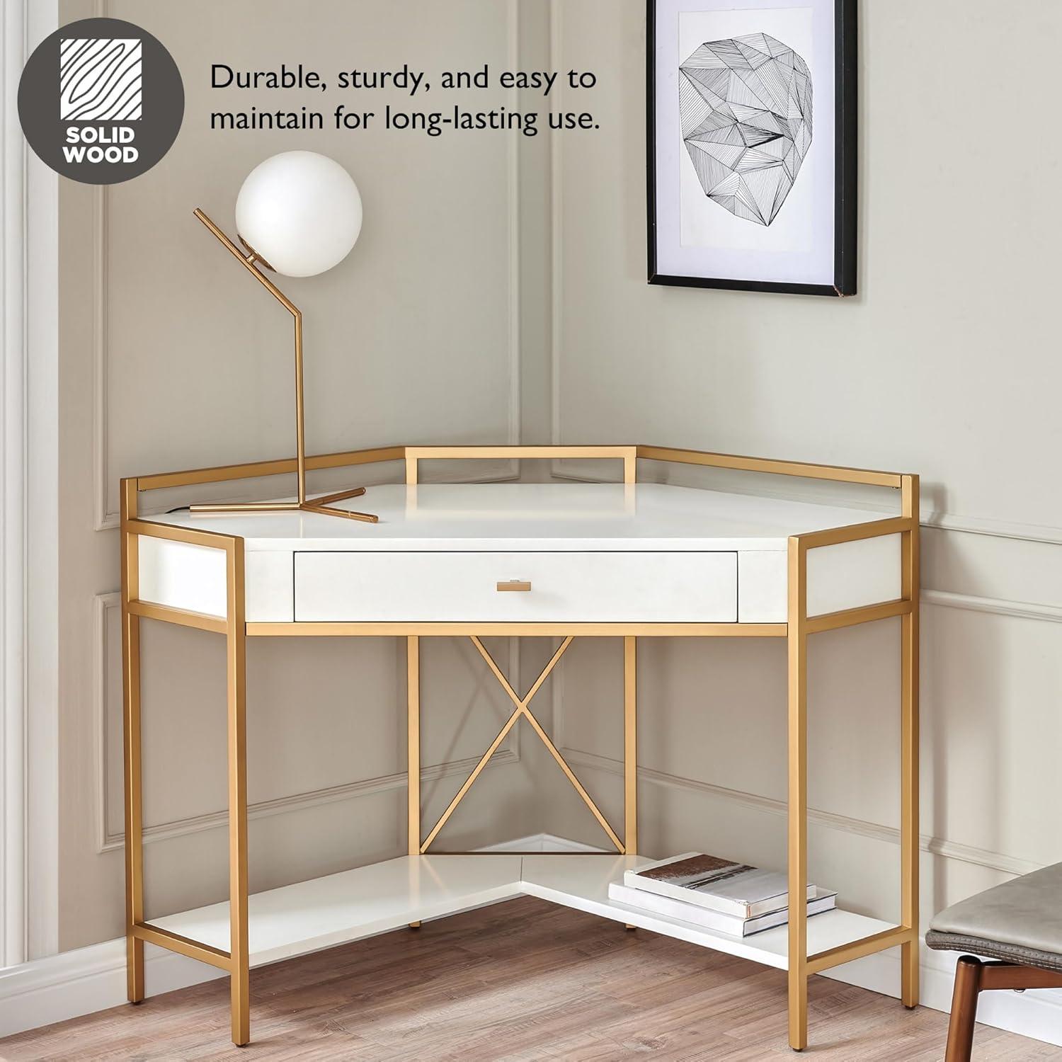 imageLeick Home 9230WTGL Claudette Mixed Metal and Wood Corner Computer Office Writing Desk with Drop Front Keyboard Drawer WhiteSatin Gold