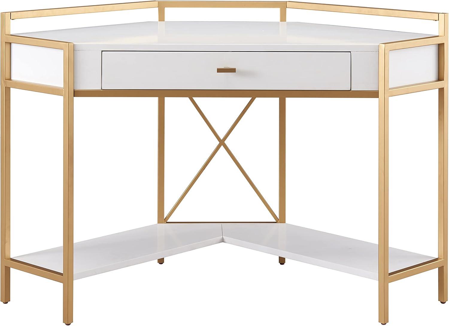 imageLeick Home 9230WTGL Claudette Mixed Metal and Wood Corner Computer Office Writing Desk with Drop Front Keyboard Drawer WhiteSatin Gold
