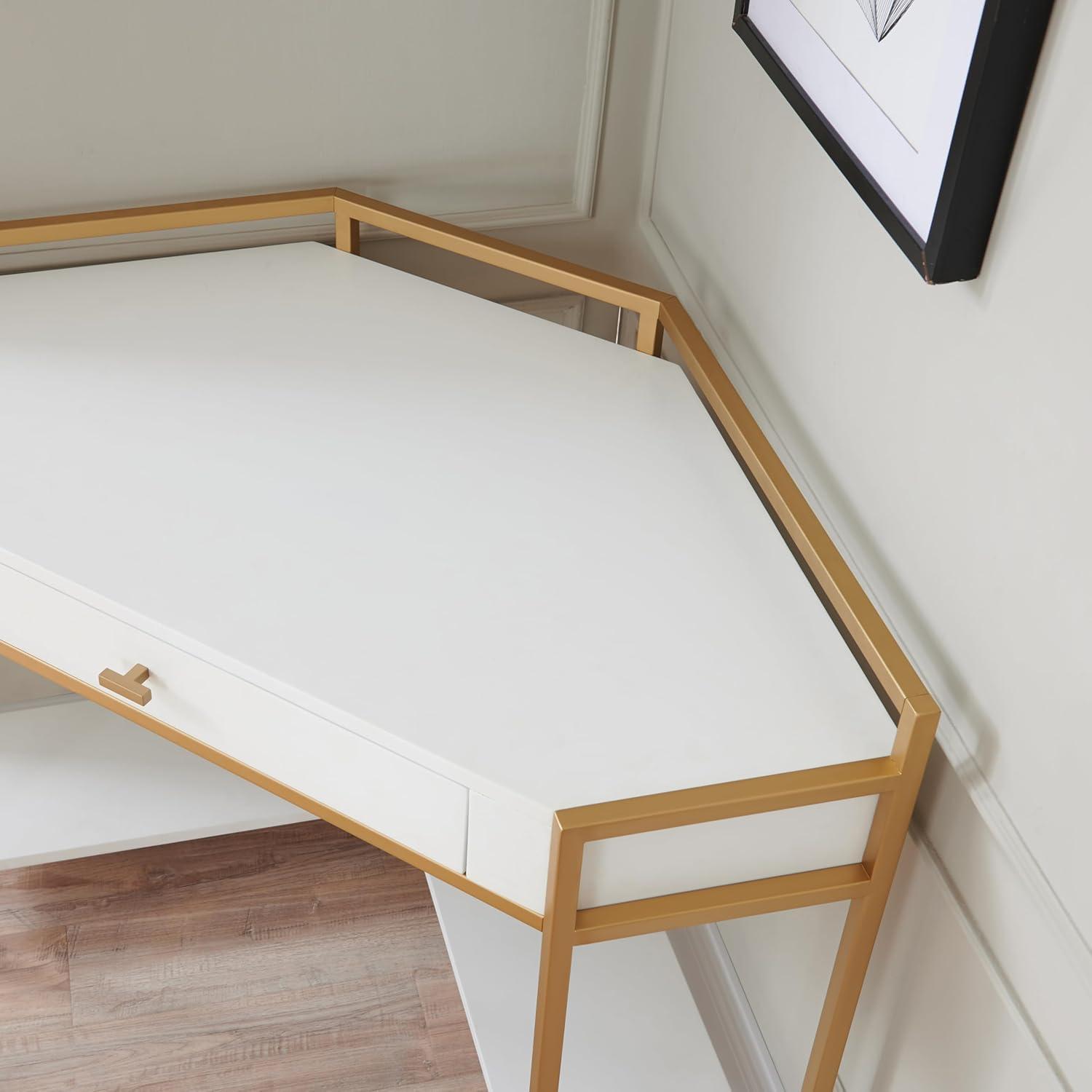 imageLeick Home 9230WTGL Claudette Mixed Metal and Wood Corner Computer Office Writing Desk with Drop Front Keyboard Drawer WhiteSatin Gold
