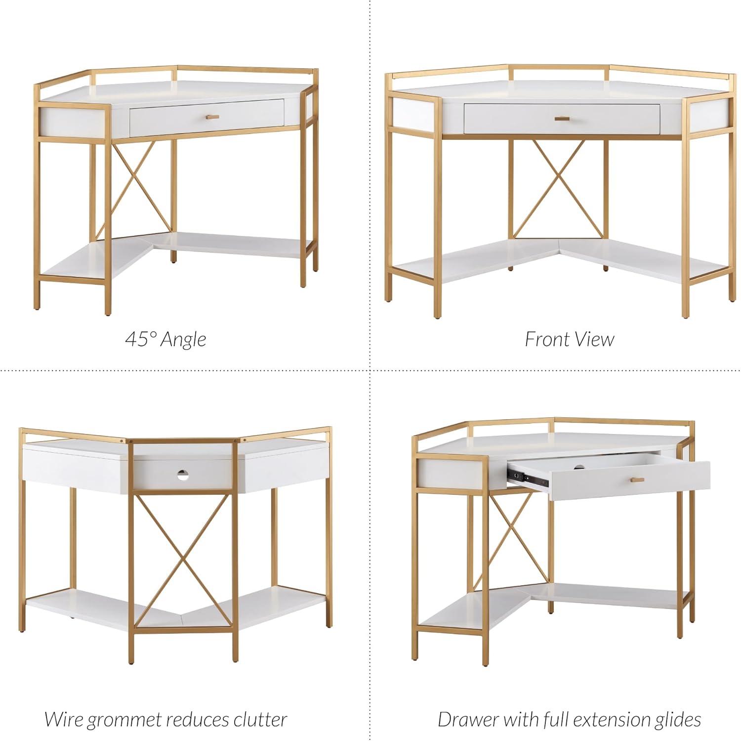 imageLeick Home 9230WTGL Claudette Mixed Metal and Wood Corner Computer Office Writing Desk with Drop Front Keyboard Drawer WhiteSatin Gold