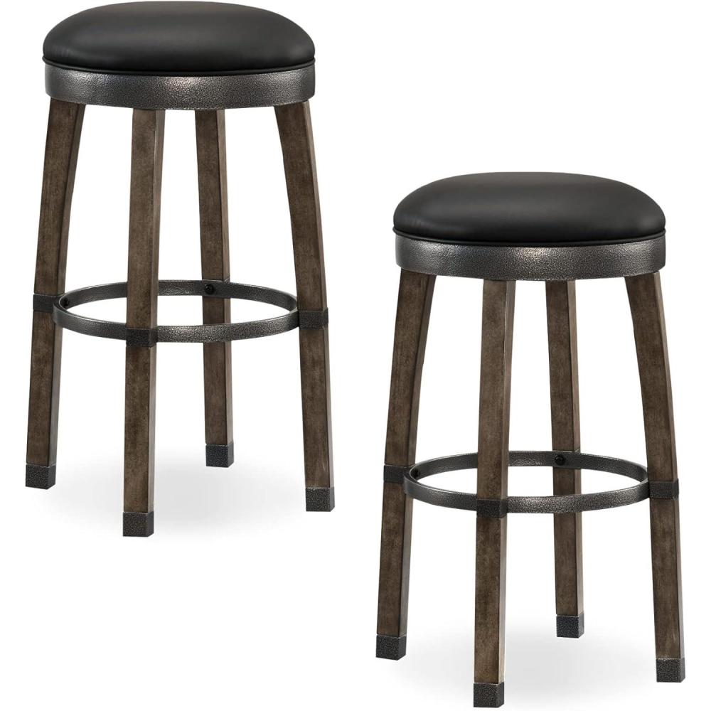 imageLeick Graystone Wood Cask Stave Bar Stool wBlack Faux Leather Seat Set of 2 Height
