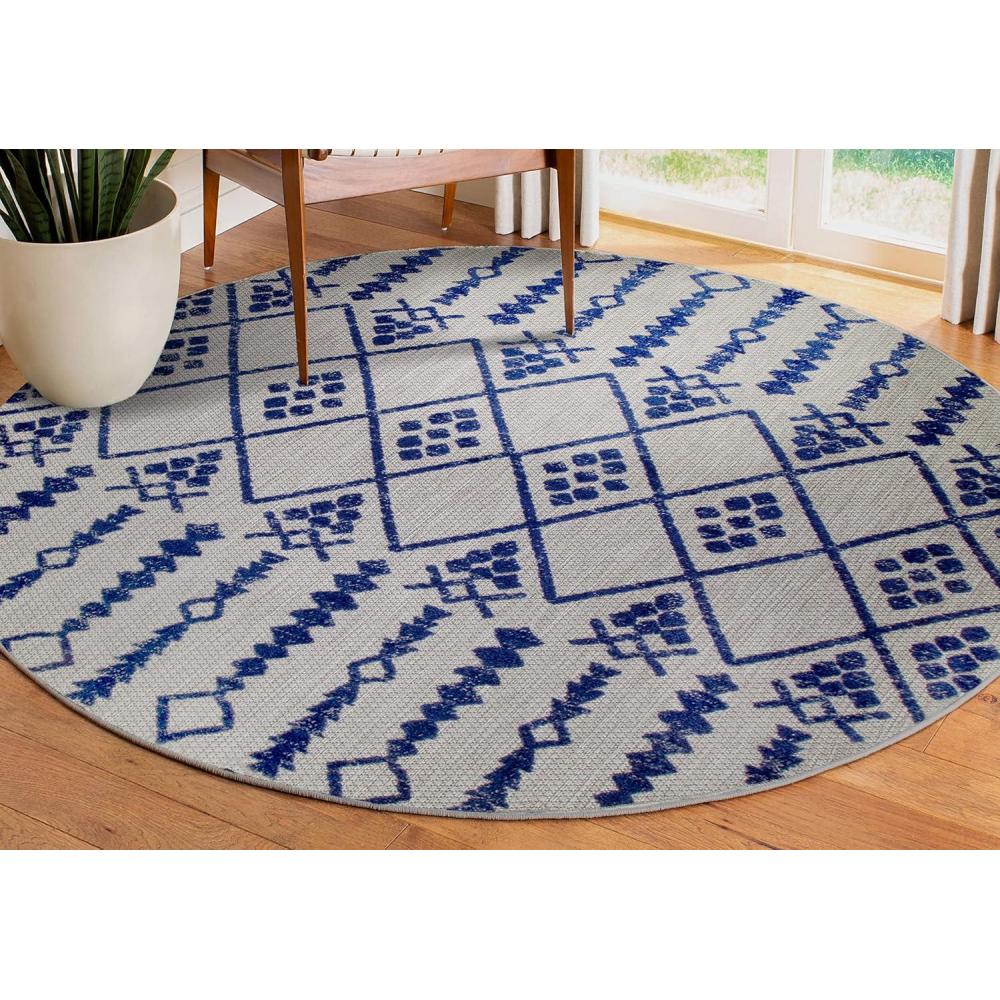 imageLeick Home 594978 Cusp Gray with Blue Moroccan Pattern Indoor Outdoor Area Rug Round 53