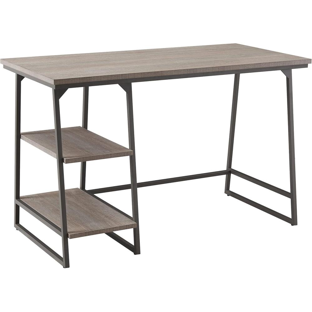 imageLeick Home 70003WTGD Reversible Stepped Tier Shelf Desk White HerringboneSatin GoldRoughsawn OakGunmetal Gray