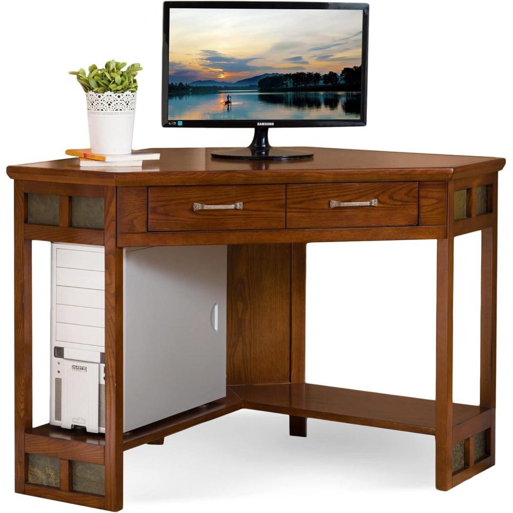 imageLeick Home 89430 Rustic Oak and Slate Corner Computer Writing Desk with Drop Front Keyboard Drawer Distressed Rustic Autumn