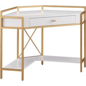 Leick Home 9230-WTGL Claudette Mixed Metal and Wood Corner Computer Office Writing Desk with Drop Front Keyboard Drawer, White/Satin Gold